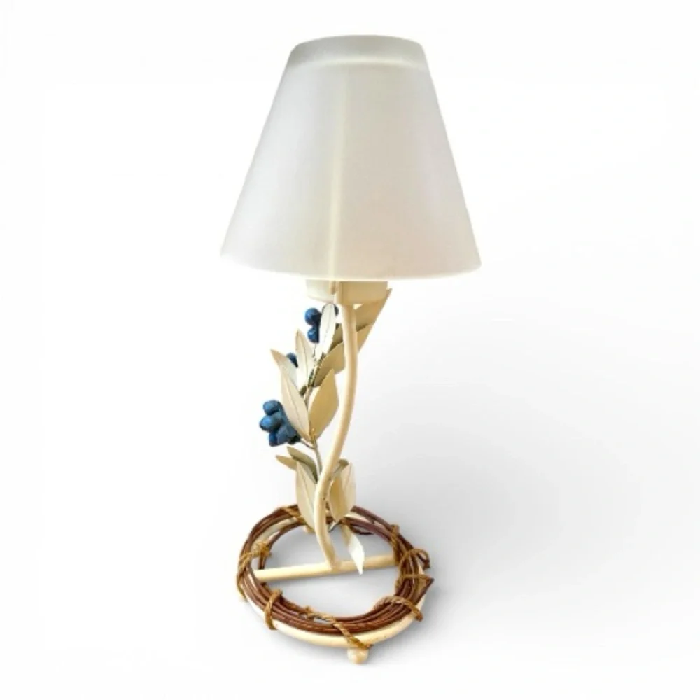 Candle holder lamp with blueberries, metal with frosted glass lampshade, vintage